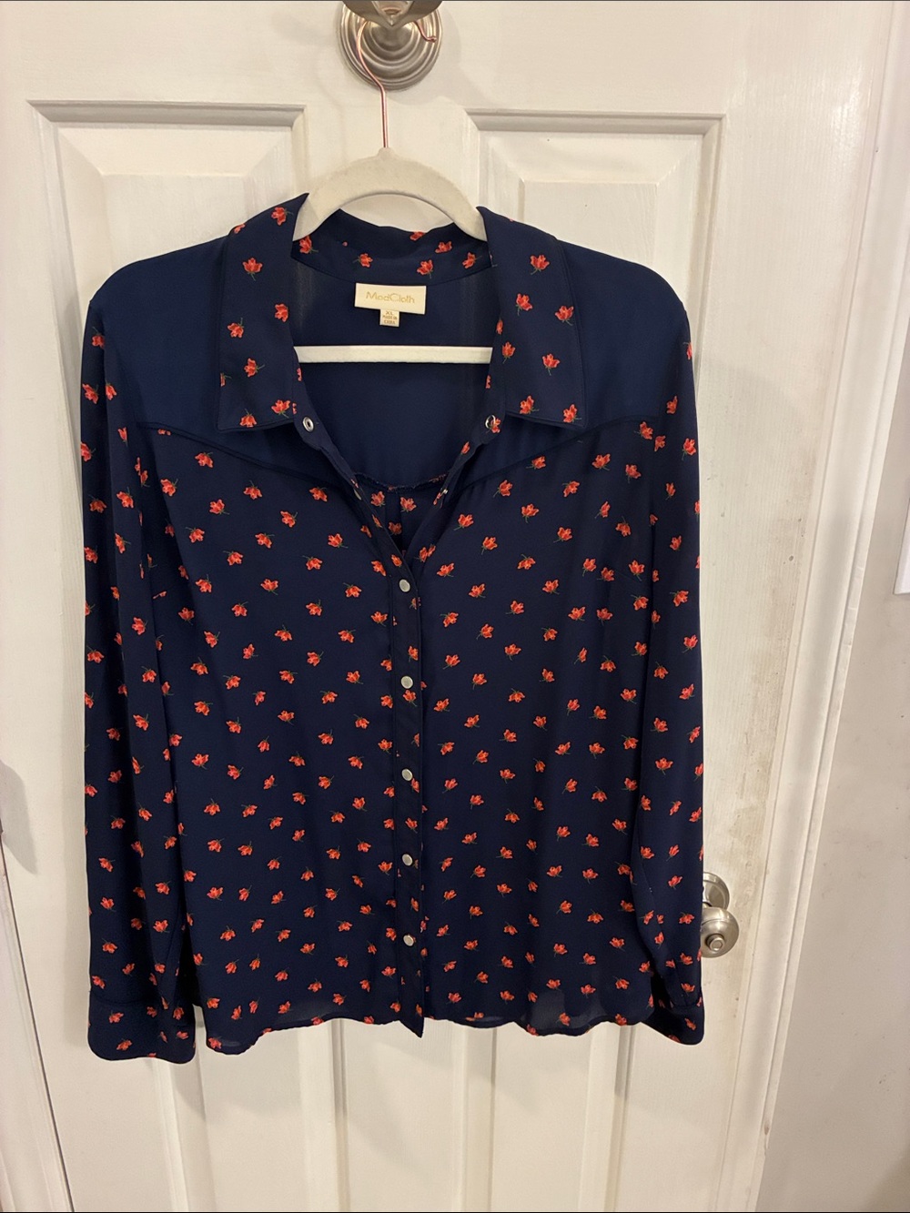 ModCloth retro Navy Button-Up Blouse with Small Red Floral Print